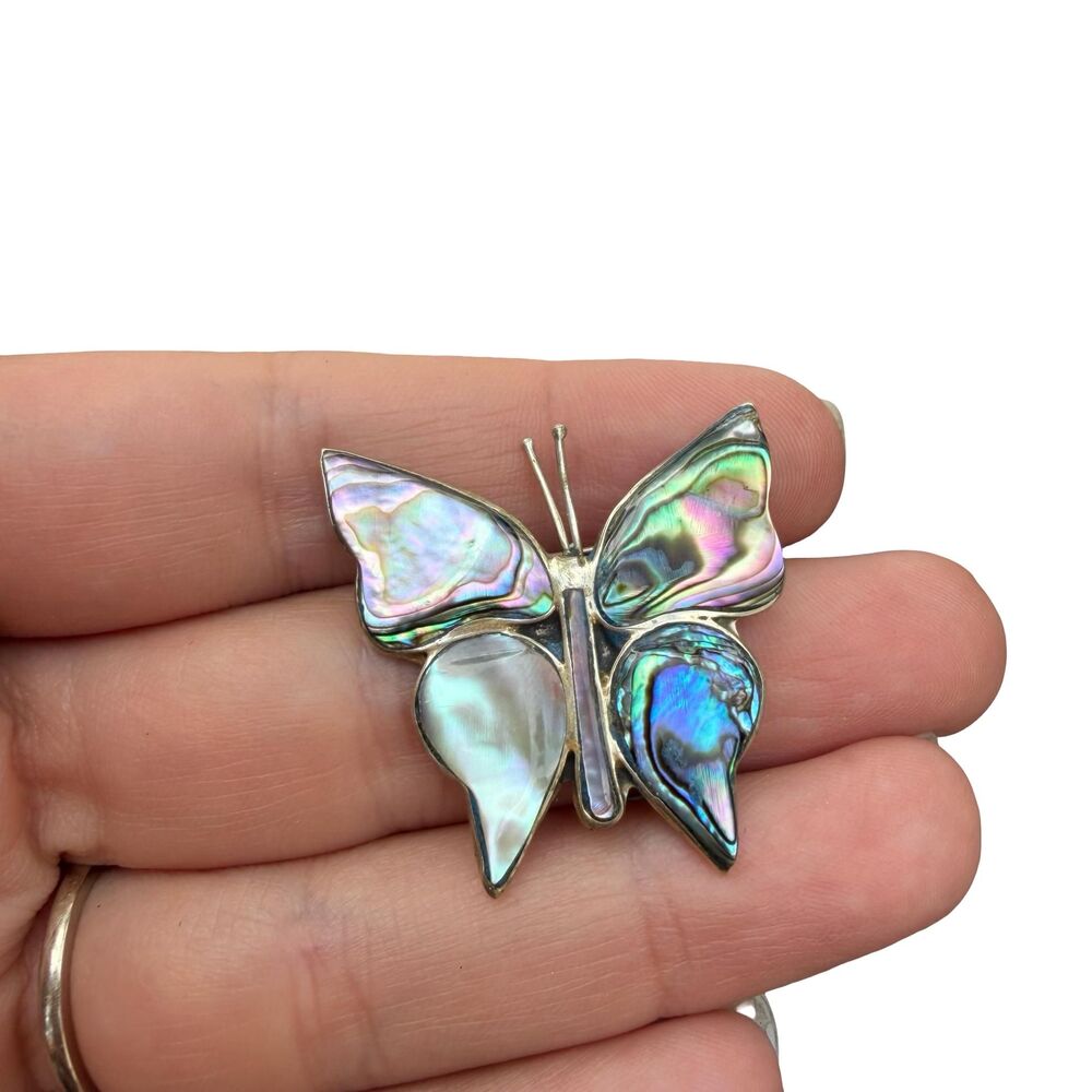 MEXICO 925 Sterling Silver - Vintage Abalone Shell Butterfly Brooch Pin